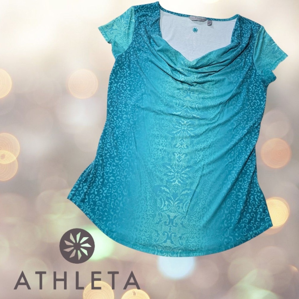 Athleta Womens Costa Cowl Neck Ombre Damask Active Top Teal Medium REPAIRED